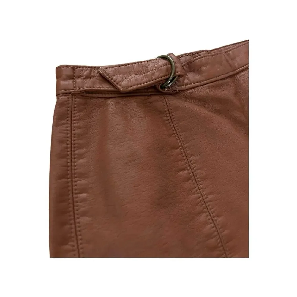 Free People Skirt‎ Women 2 Brown Mini A-Line Faux Leather Slit Belted Boho